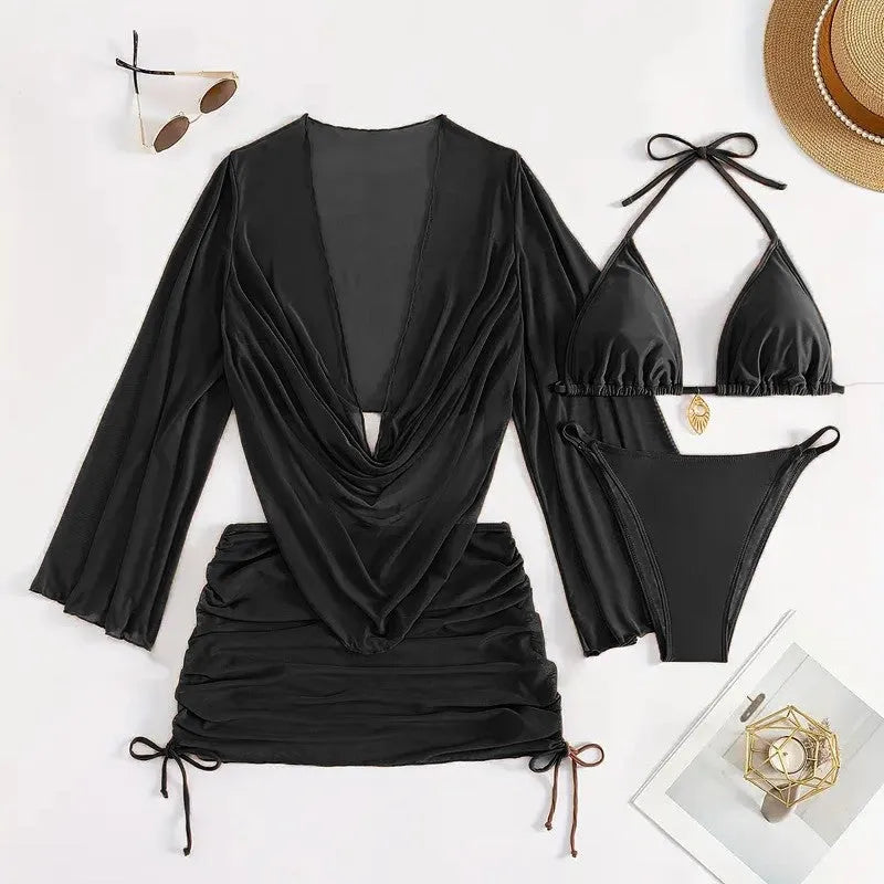 Dark brown lace-up bikini swimsuit set for women on a mannequin, showing backless design.