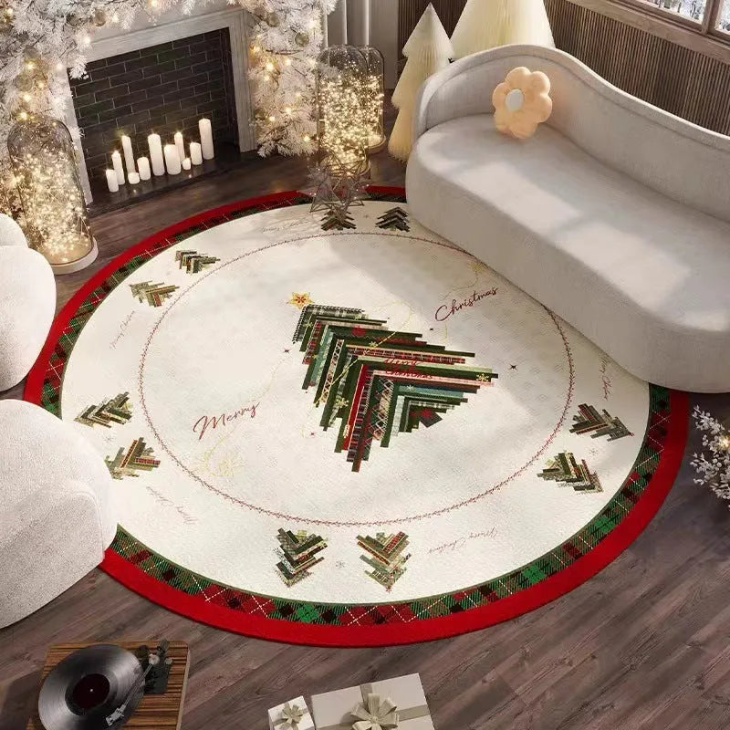 Round red Christmas floor mat with festive designs in polyester material on living room floor