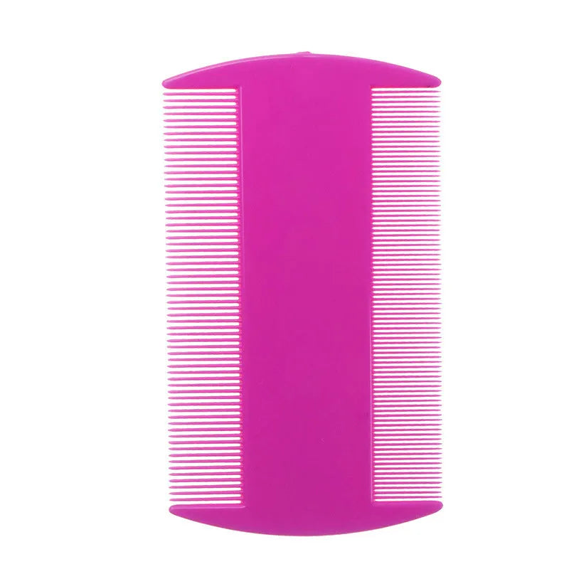 Close-up of a double-edged fine-tooth lice comb with coloured plastic handle and metal teeth.