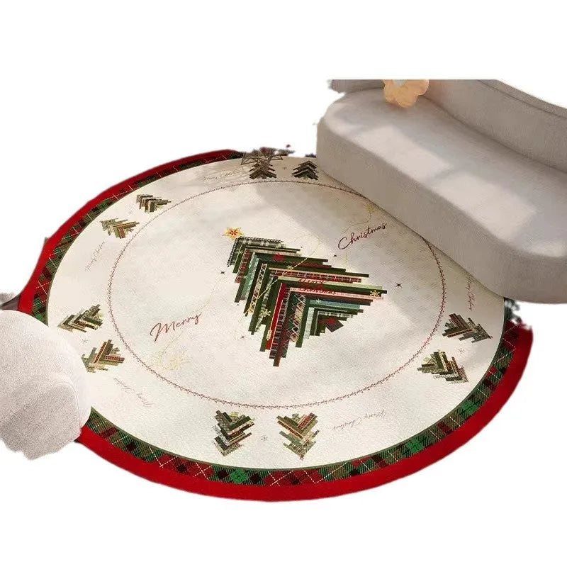 Round red Christmas floor mat with festive designs in polyester material on living room floor