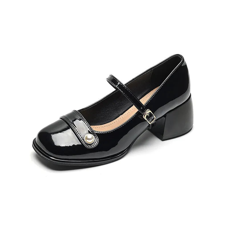 Women's apricot patent leather chunky heel hiking shoes with square toe and buckle fastening