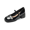 Women's apricot patent leather chunky heel hiking shoes with square toe and buckle fastening