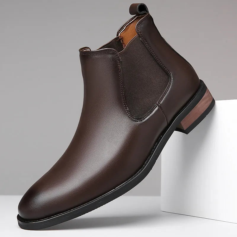 Men's black and light brown Chelsea boots with pointed toe and artificial PU upper