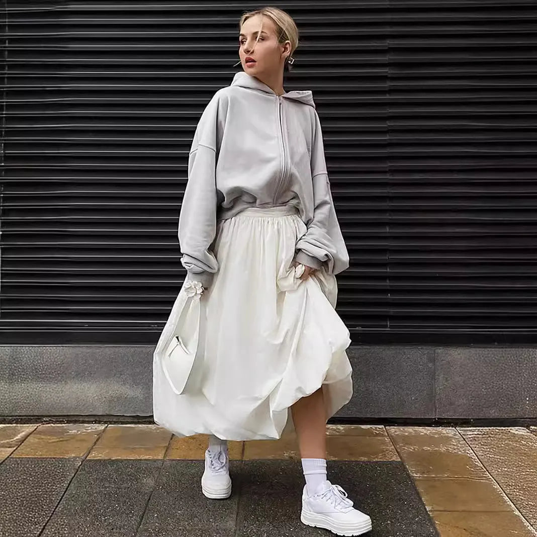 Women's solid colour cotton long skirt in white or black option