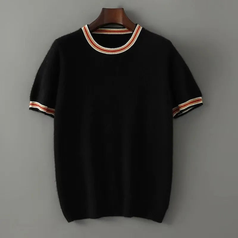 Men's round neck short sleeve pure wool sweater in grey on a hanger.