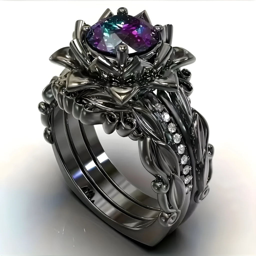 Women's rose inlaid zircon ring in geometric shape with floral elements on finger