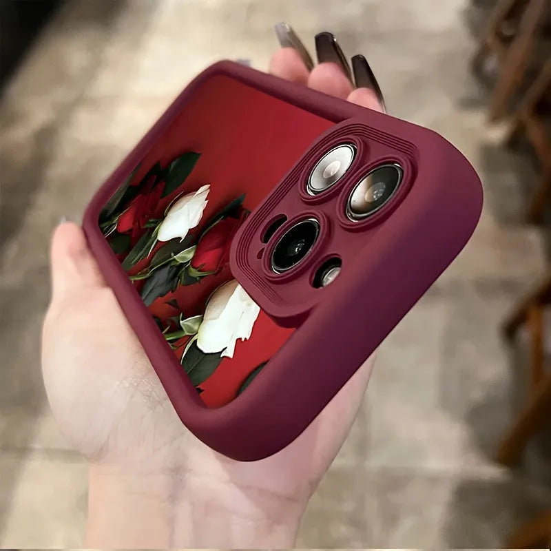 Frosted TPU phone case in wine red with white rose print for Apple iPhone