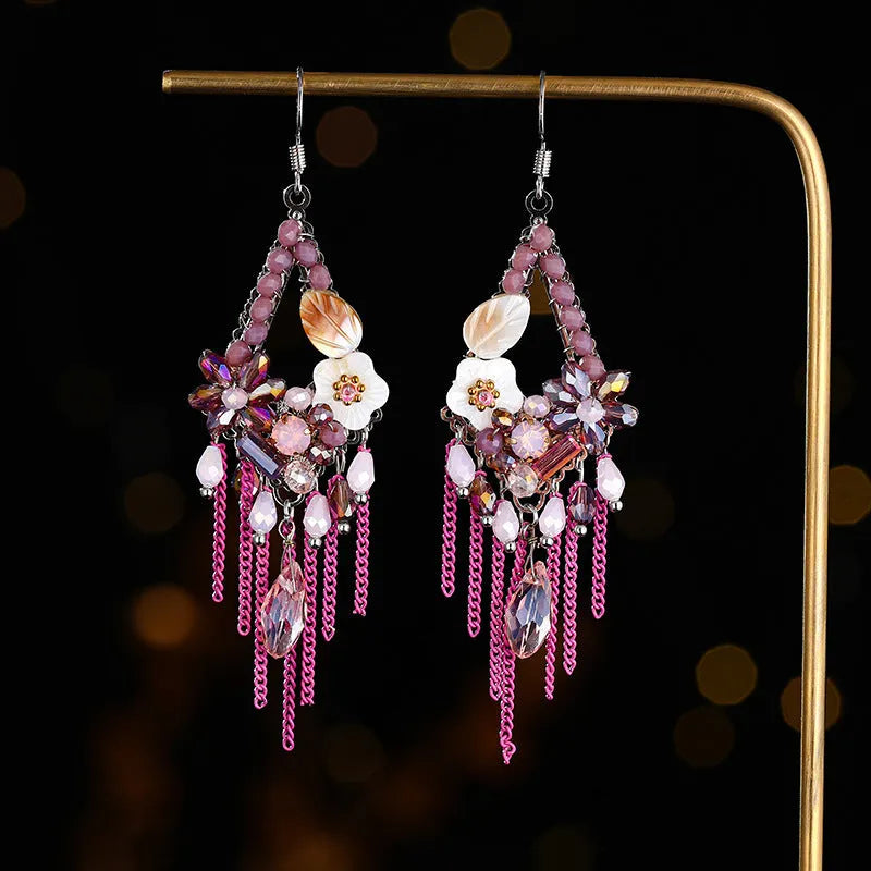 Bohemian style long earrings with hand-woven crystal details and alloy framework