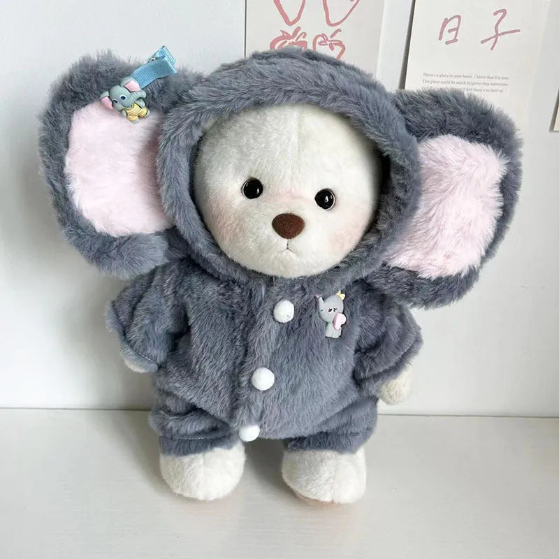 Grey elephant print plush jumpsuit for a 30cm tall doll or teddy bear.