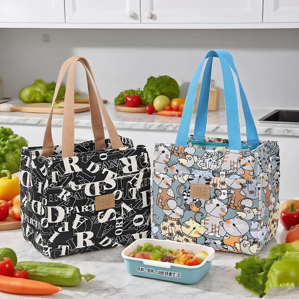 Women's printed canvas tote bag in a horizontal square shape with floral and cat design options.