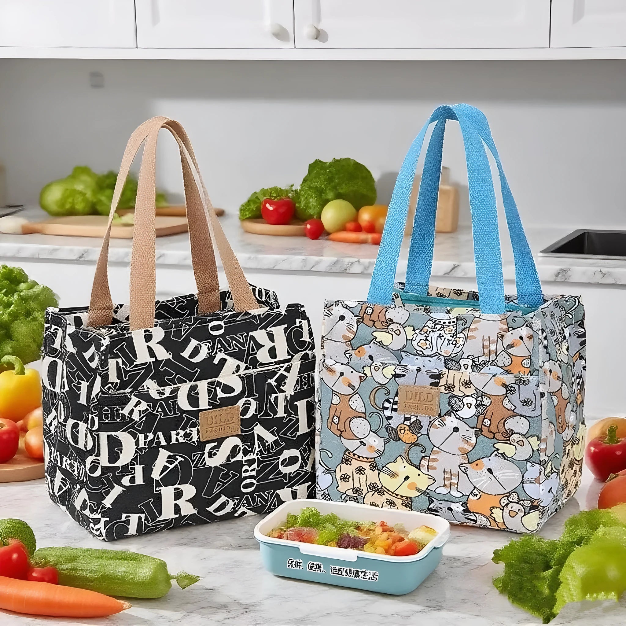 Women's printed canvas tote bag in a horizontal square shape with floral and cat design options.
