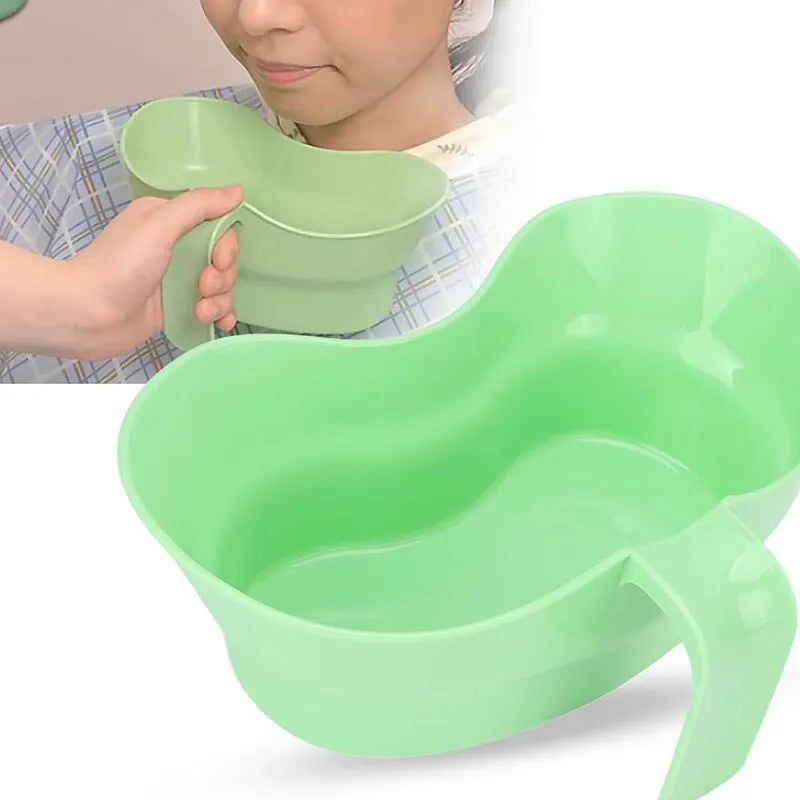 Green plastic medical gargle cup with swivel cover for bedridden patient oral care.