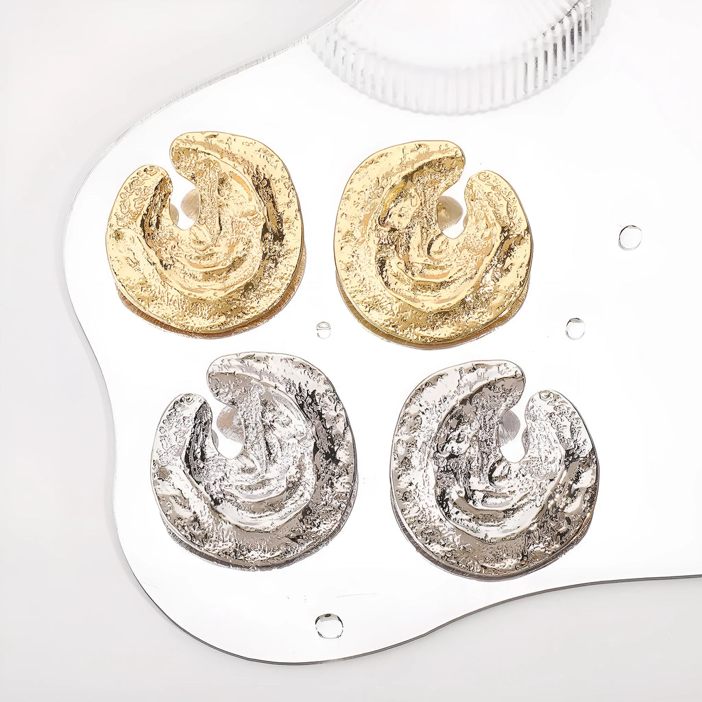 Women's geometric earrings with irregular pleats and concave-convex texture in gold or white finish