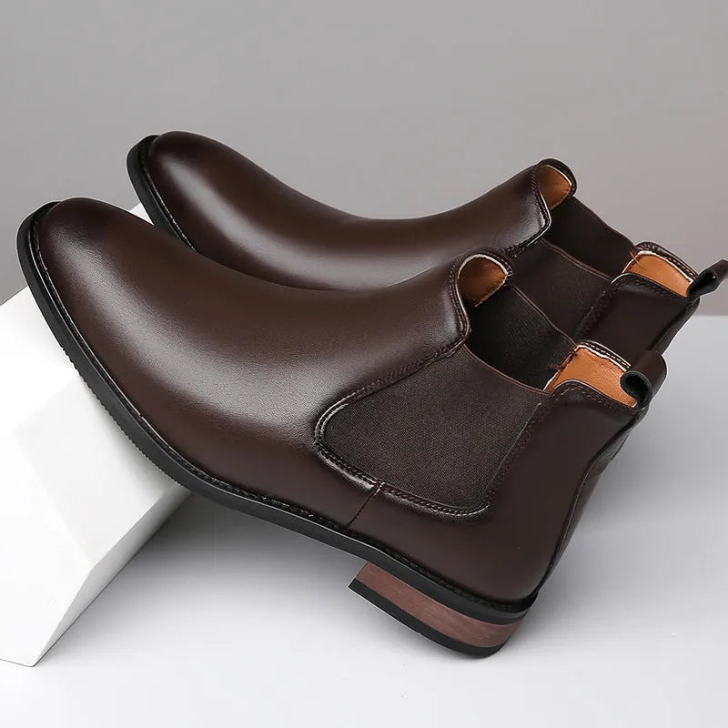 Men's black and light brown Chelsea boots with pointed toe and artificial PU upper