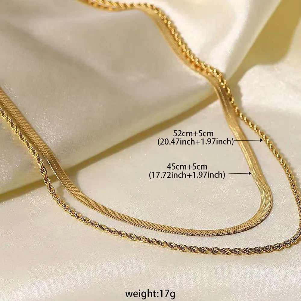 Women’s retro double-layer twist stainless steel necklace with geometric pendant, 21cm-50cm