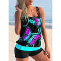 Women's plus size printed swimsuit set with strapped top and matching beach shorts in butterfly pattern.