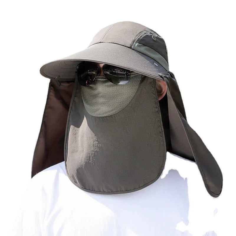 Men's sun protection hat with USB fan and face covering shawl in khaki colour for outdoor activities