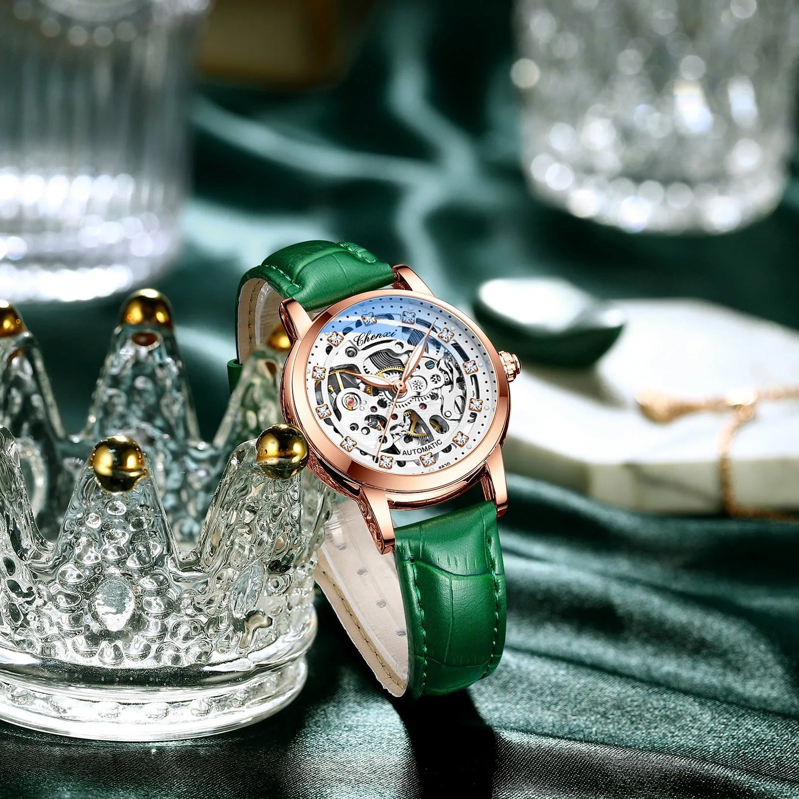 Fashion automatic hollow mechanical watch with round dial and genuine leather strap in black colour