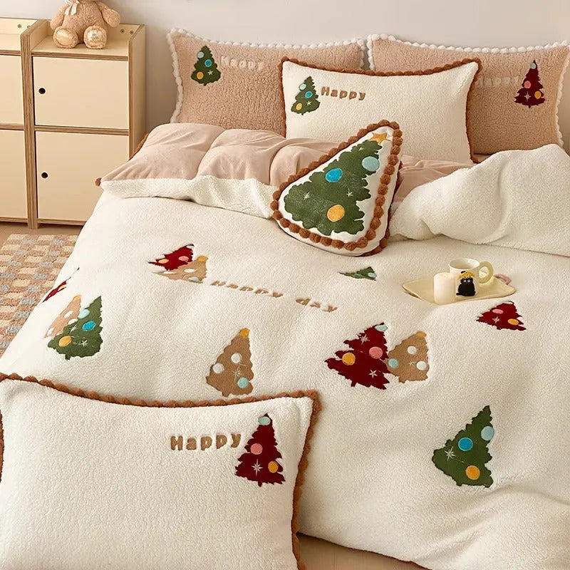 Bright yellow Christmas tree fleece-lined duvet cover set with embroidery on a bed.