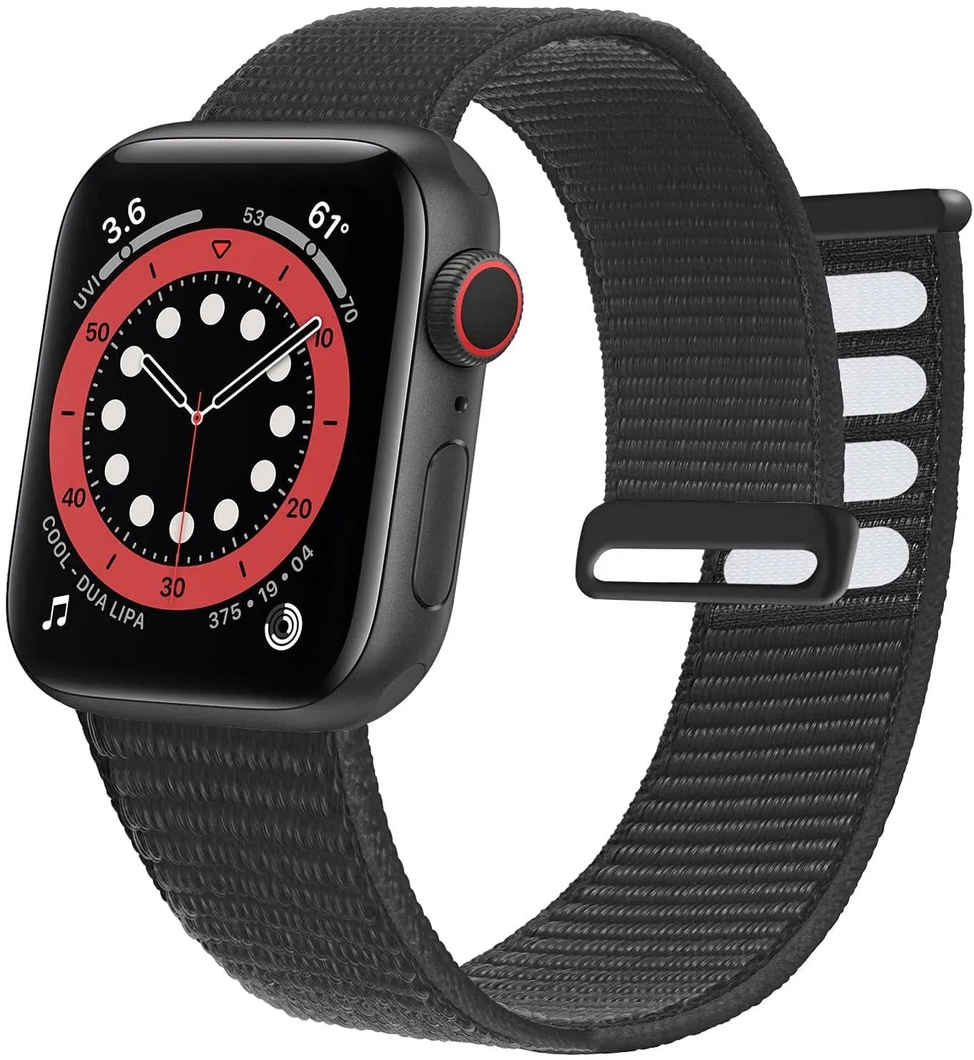 Woven nylon Apple Watch strap in multiple colours including reflective and rainbow patterns.