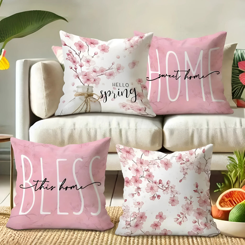 Square short velvet cushion cover with cherry blossom and letter design in four colour options.
