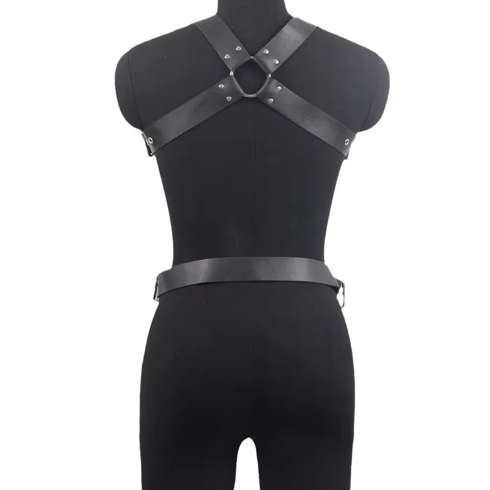 Black imitation leather waist trainer shapewear belt with pin buckle on a mannequin.