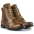 Men's black and brown two-tone leather boot with a side zip and low heel.