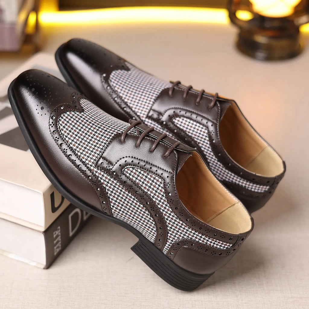Men's black houndstooth pattern casual lace-up shoes with a square toe and rubber sole.