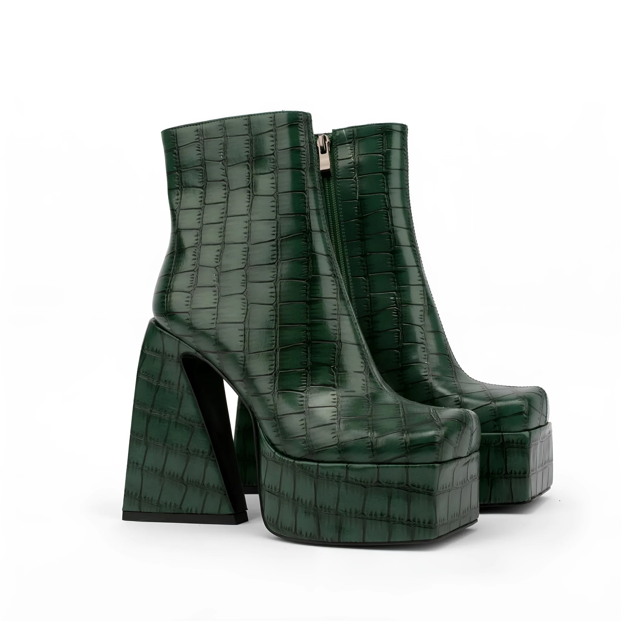 Women's super high heel ankle boots in red, green, black, beige, and brown colours with artificial PU upper.