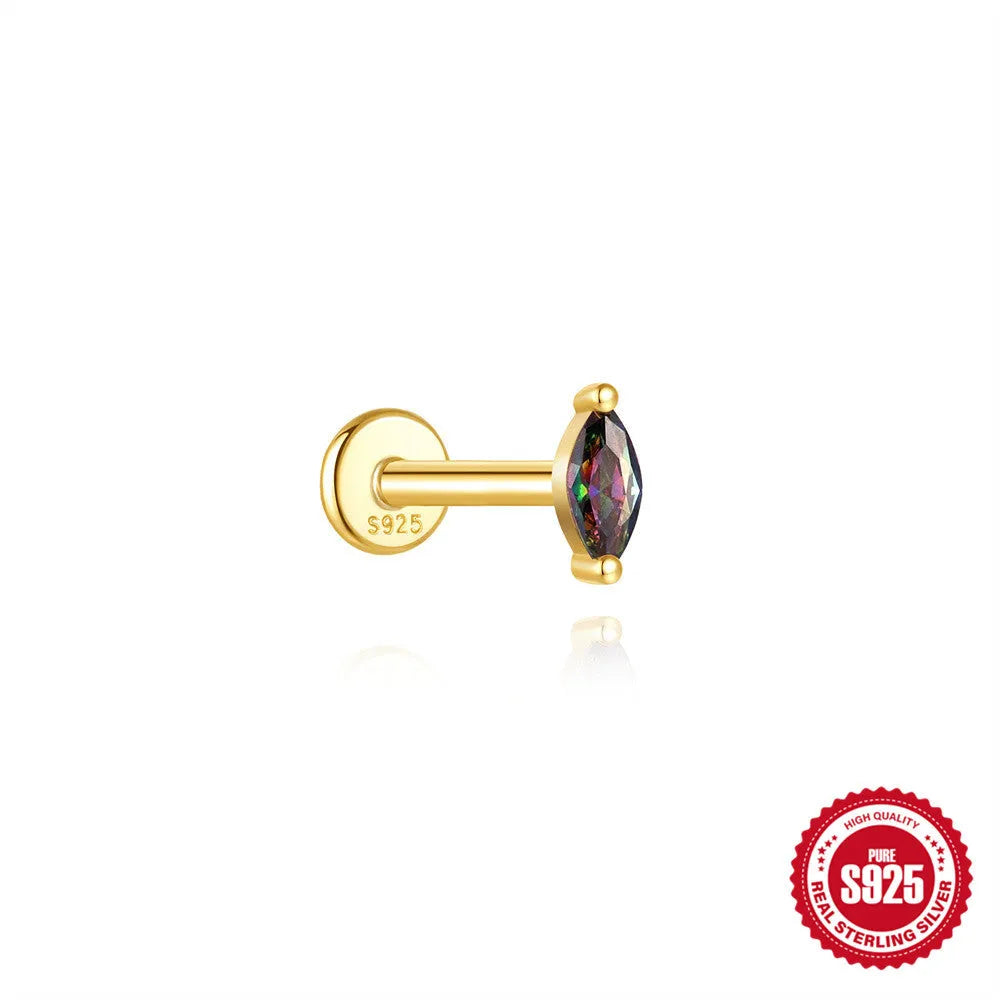 S925 sterling silver flat head thread earrings with rainbow stone in geometric shape