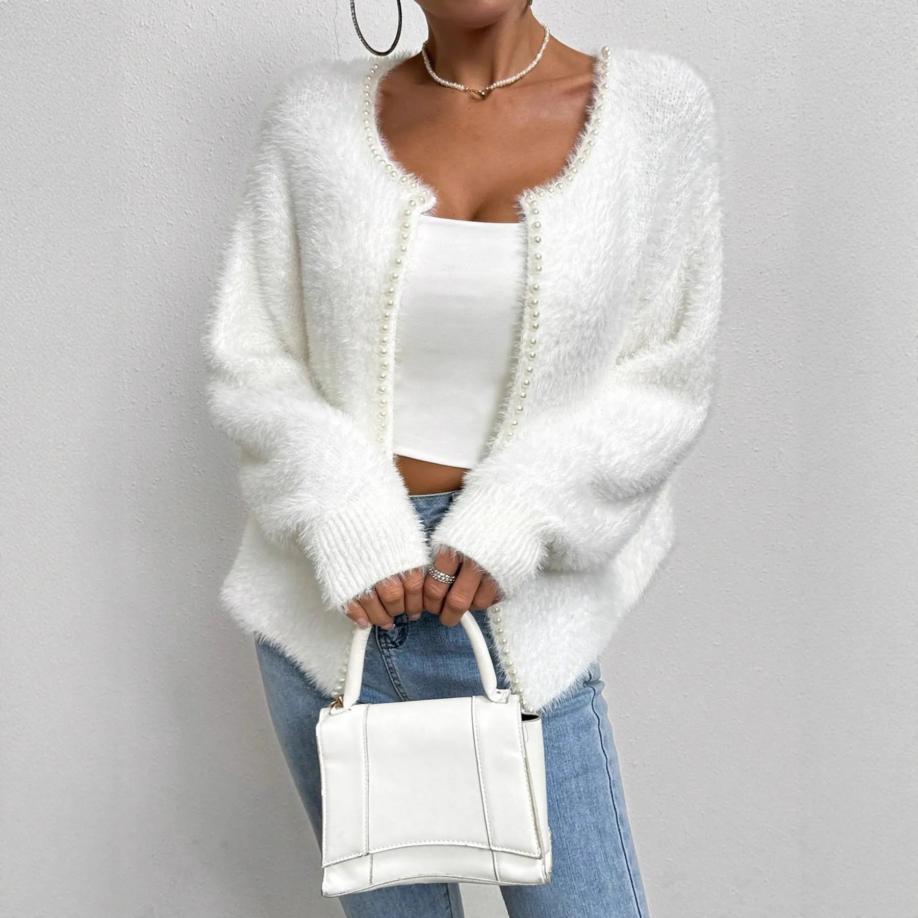 White women's cardigan with V-neck and bead decoration, medium thickness polyester fabric