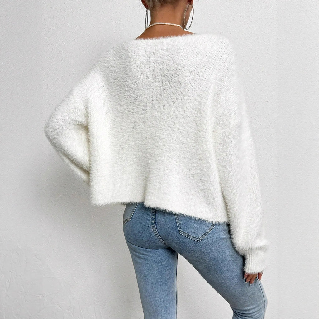White women's cardigan with V-neck and bead decoration, medium thickness polyester fabric