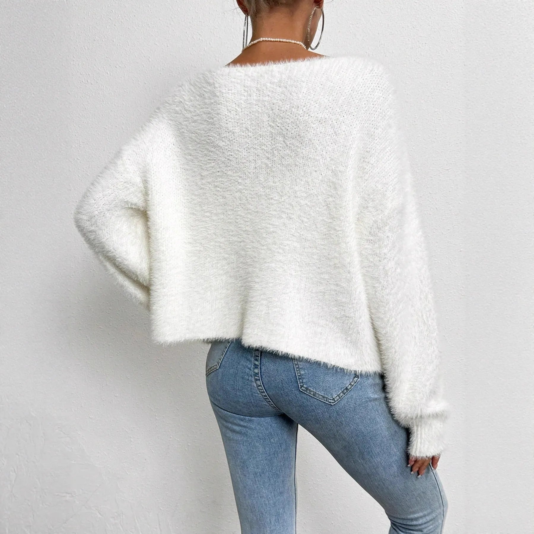White women's cardigan with V-neck and bead decoration, medium thickness polyester fabric