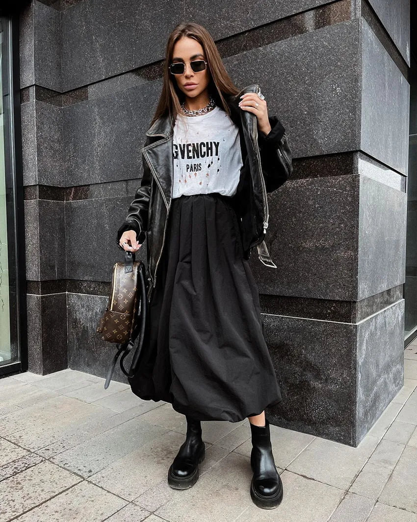 Women's solid colour cotton long skirt in white or black option