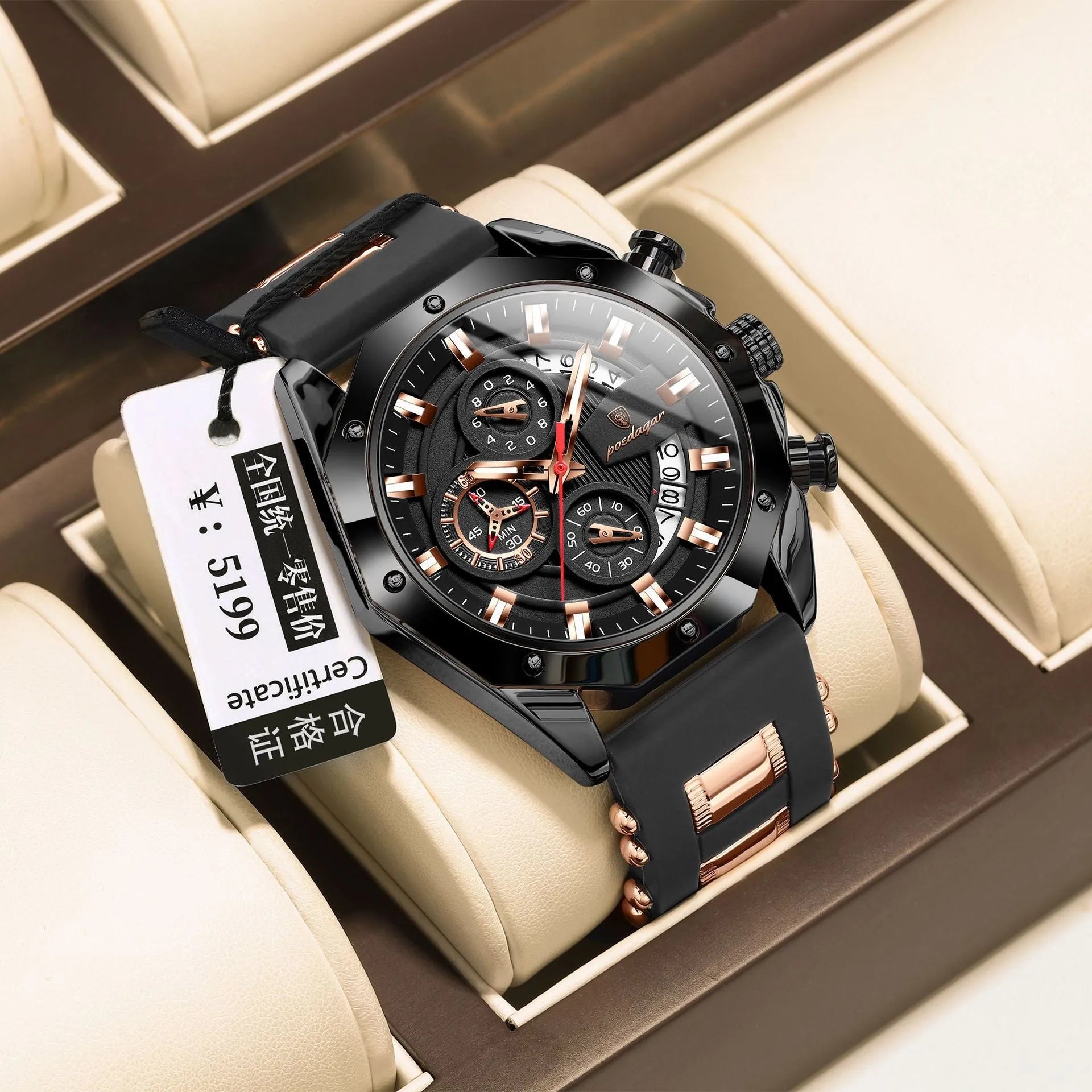 Men's sports chronograph watch with diamond-shaped dial and silicone band