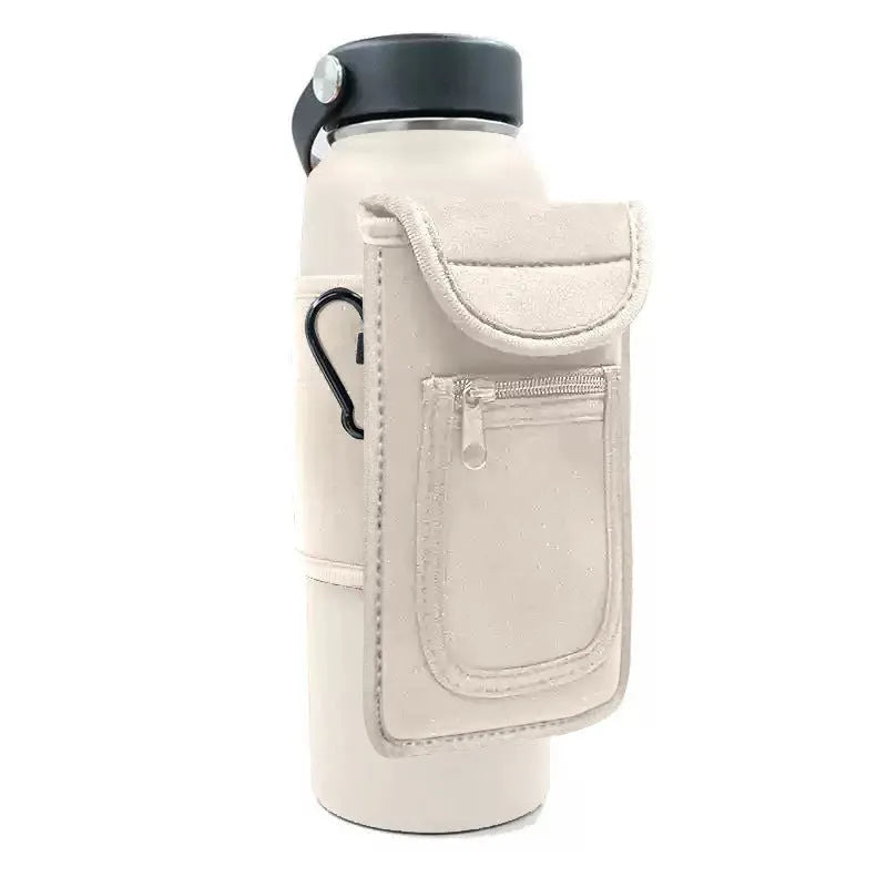 Fitness water bottle cover in cloth with a choice of magnetic clasp or carabiner clip in various colours.