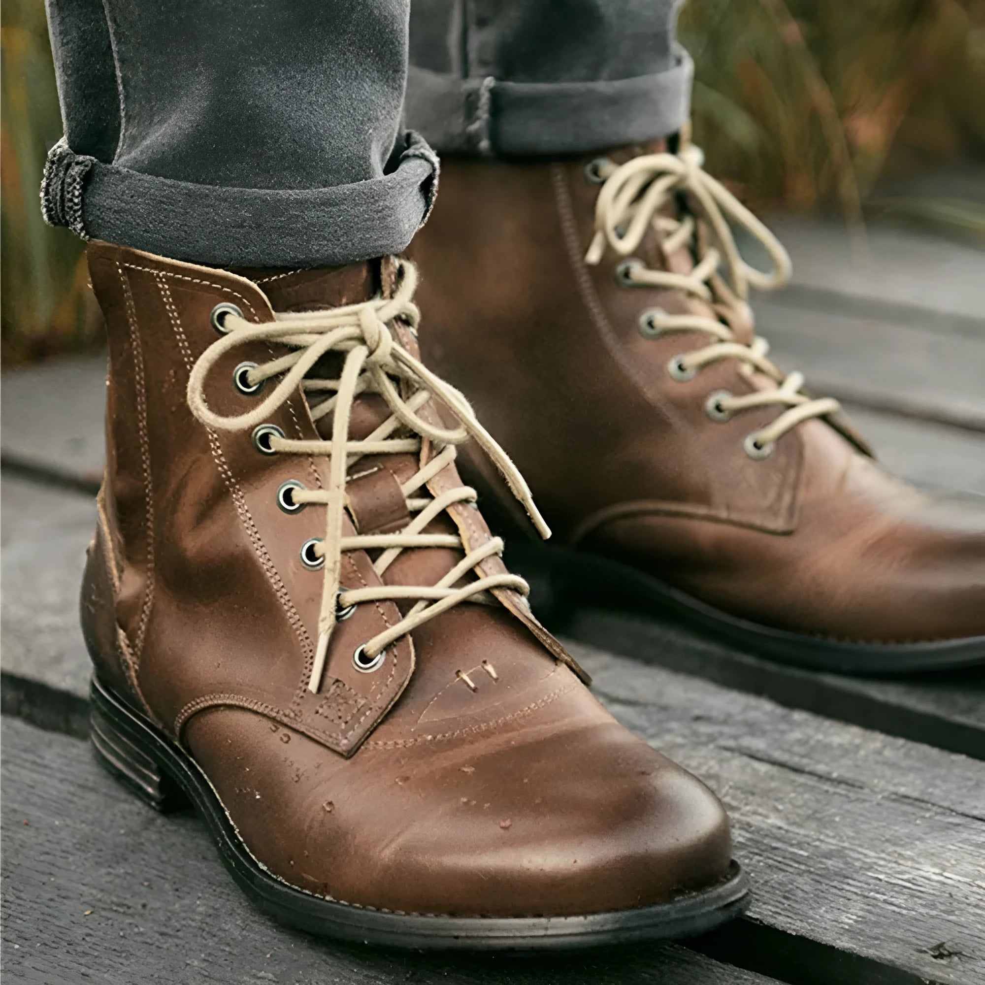 Men's black and brown two-tone leather boot with a side zip and low heel.