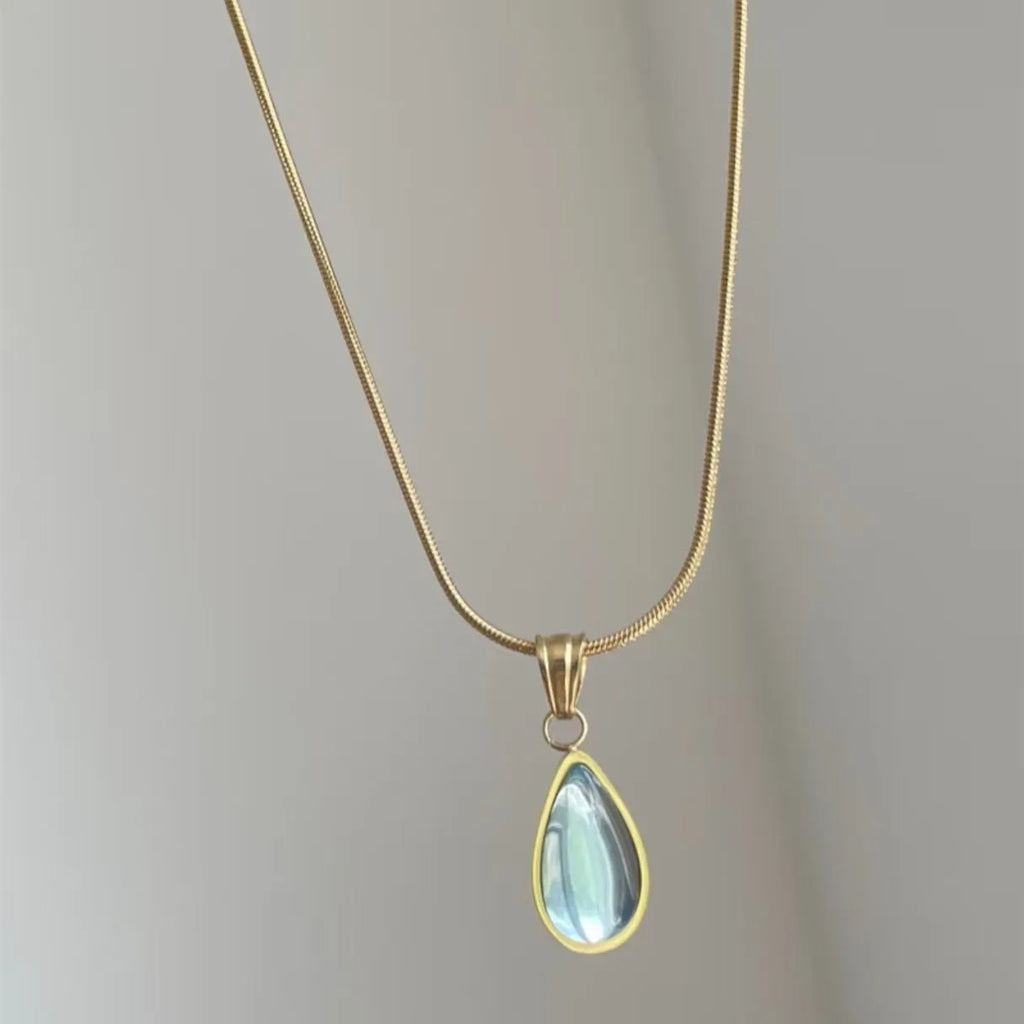 Retro blue and green water drop necklace with mixed gem pendant on snake bones chain