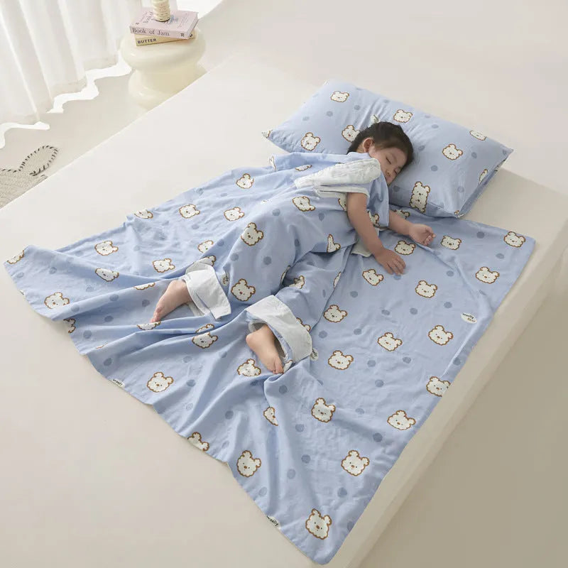 Anti-kick sleeping bag blanket in a printed colour design, shown with an optional matching pillowcase.