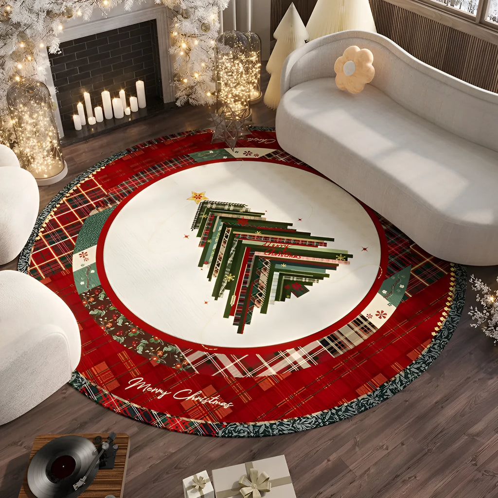 Round red Christmas floor mat with festive designs in polyester material on living room floor