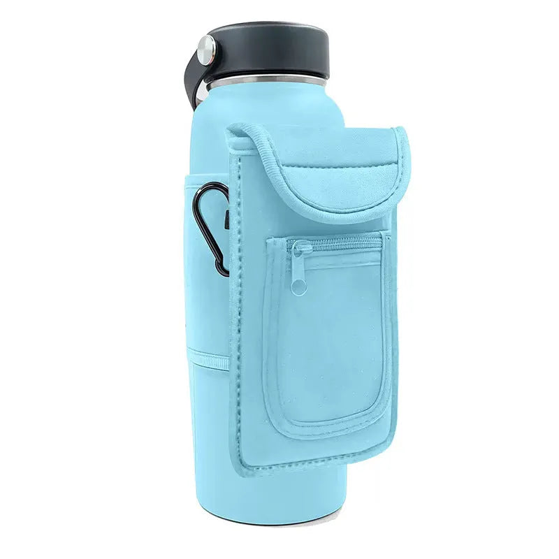 Fitness water bottle cover in cloth with a choice of magnetic clasp or carabiner clip in various colours.