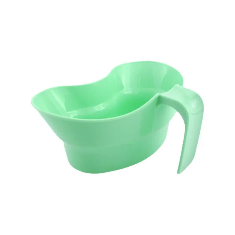 Green plastic medical gargle cup with swivel cover for bedridden patient oral care.