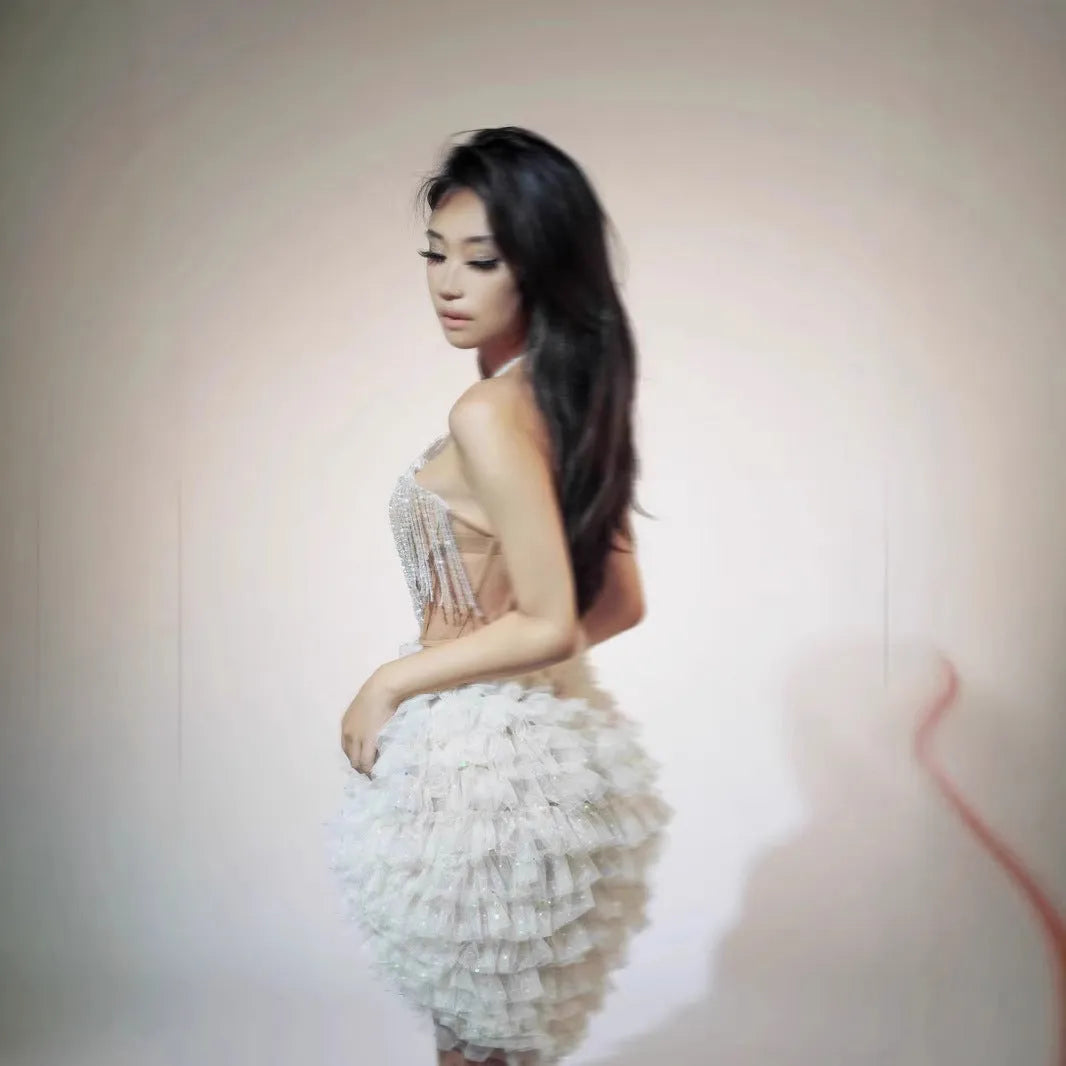 Shiny white tassel backless party dress set for women with top and short skirt