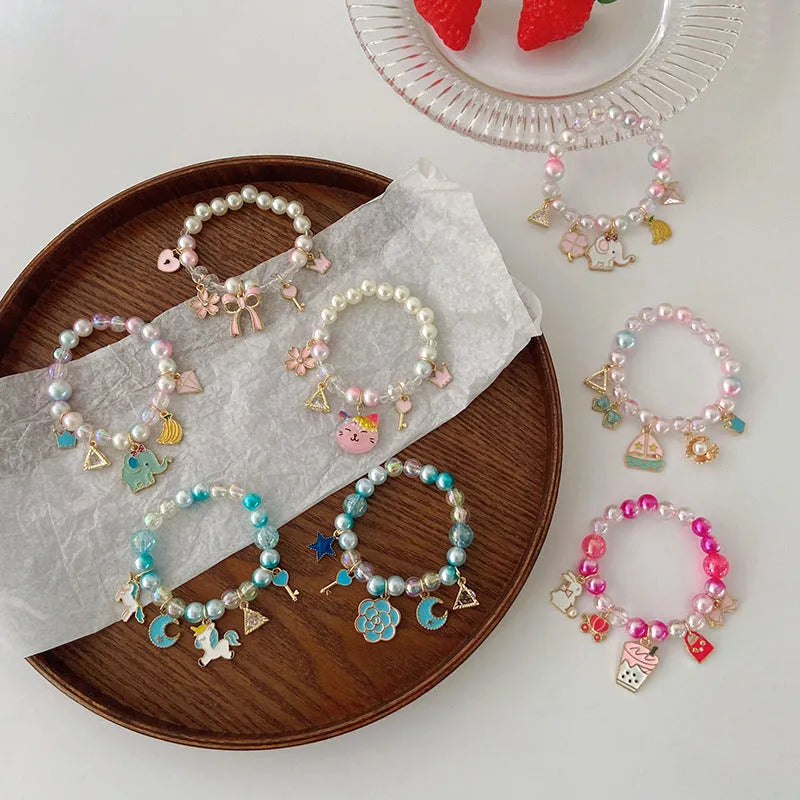 Children's cartoon pearl bracelet with gradient colour shell and alloy beads, cute cat style design