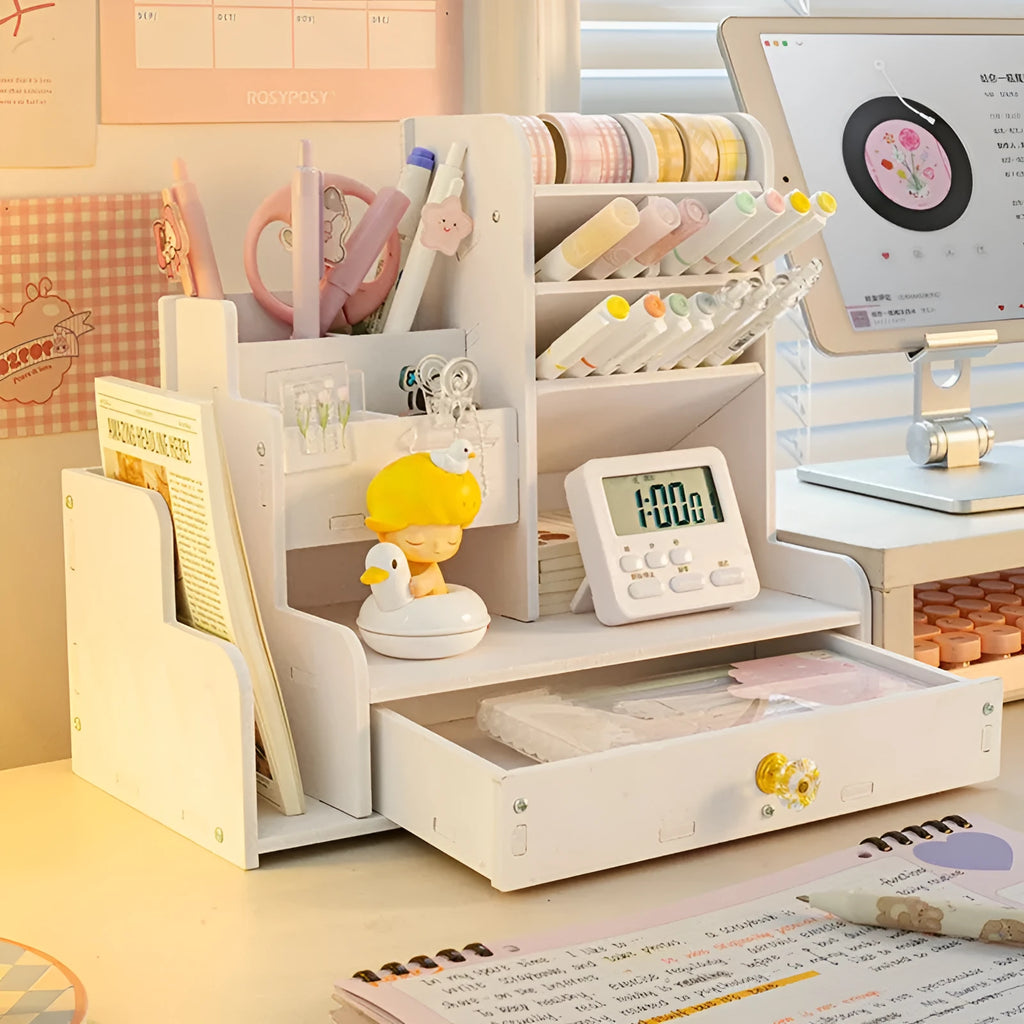 Square white plastic pen storage box with multiple oblique insertion grid compartments for organisation.