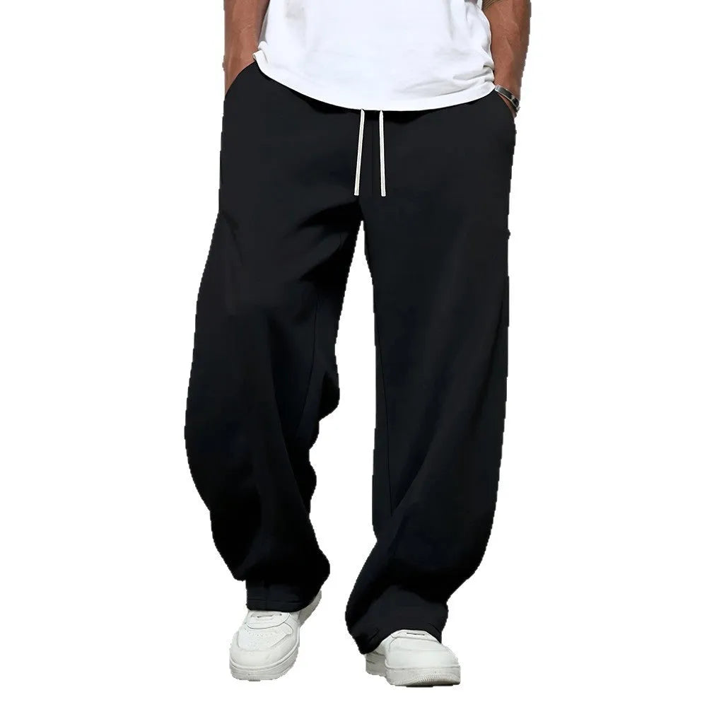Men's casual straight leg trousers with micro-elastic waist in black, grey, and light grey options