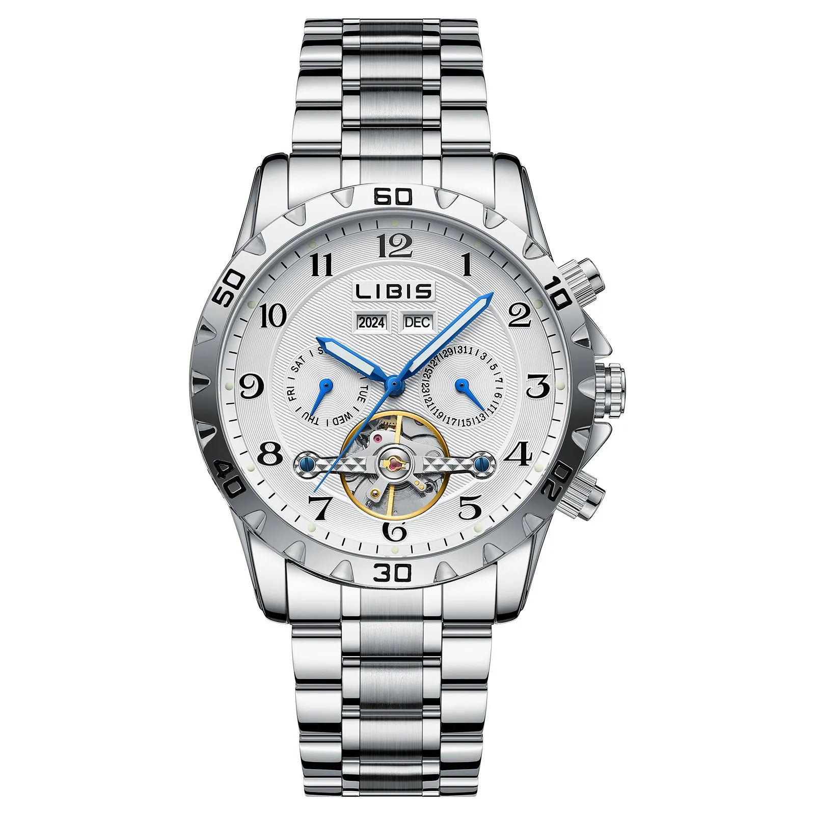 Silver stainless steel men's automatic perpetual calendar watch with sapphire glass on a wrist.