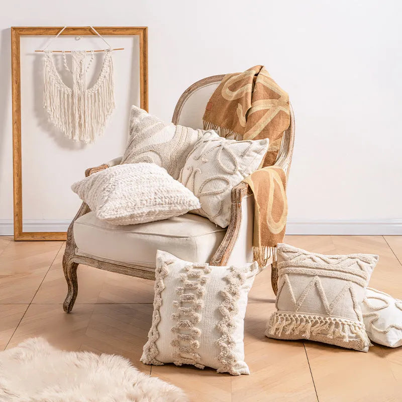 Knitted cushion cover with tassel edge detailing showing stripe pattern and pp cotton filler