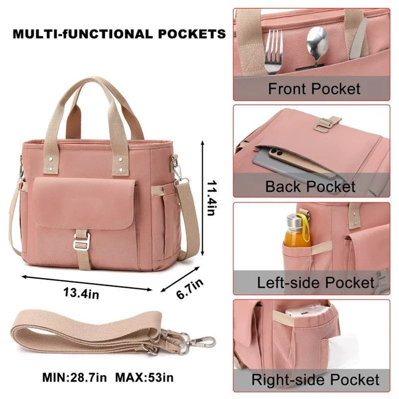 Portable cube-shaped Oxford cloth picnic bag with a removable shoulder strap and side pocket.