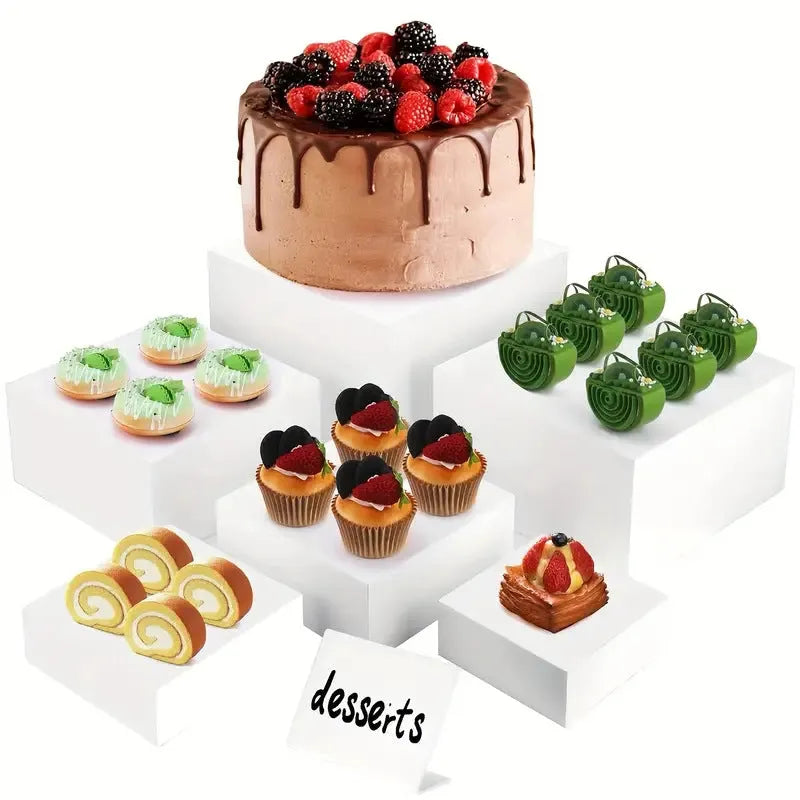 White plastic cube dessert display stand six-piece set for cake and pastry presentation